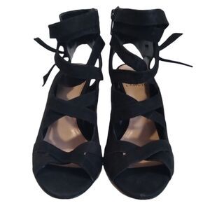 Vince Camuto Black Sammson Suede Leather Peep Toe Strappy Heel Sandal Women's 9